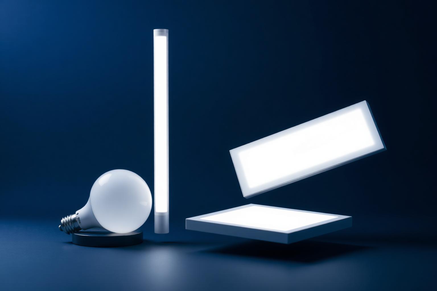 Bombillas, tubos y paneles LED sobre fondo indigo